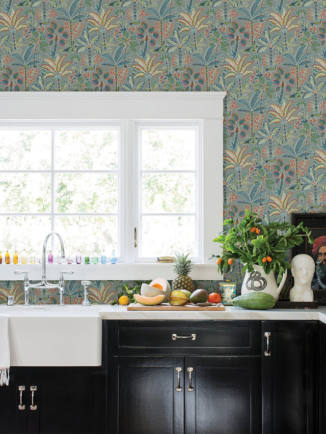 Kapok Grey Peel & Stick Wallpaper with Bohemian Botanical Trees Pattern - NuWallpaper NUS4003