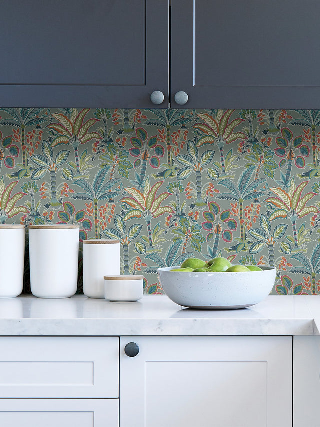 Kapok Grey Peel & Stick Wallpaper with Bohemian Botanical Trees Pattern - NuWallpaper NUS4003