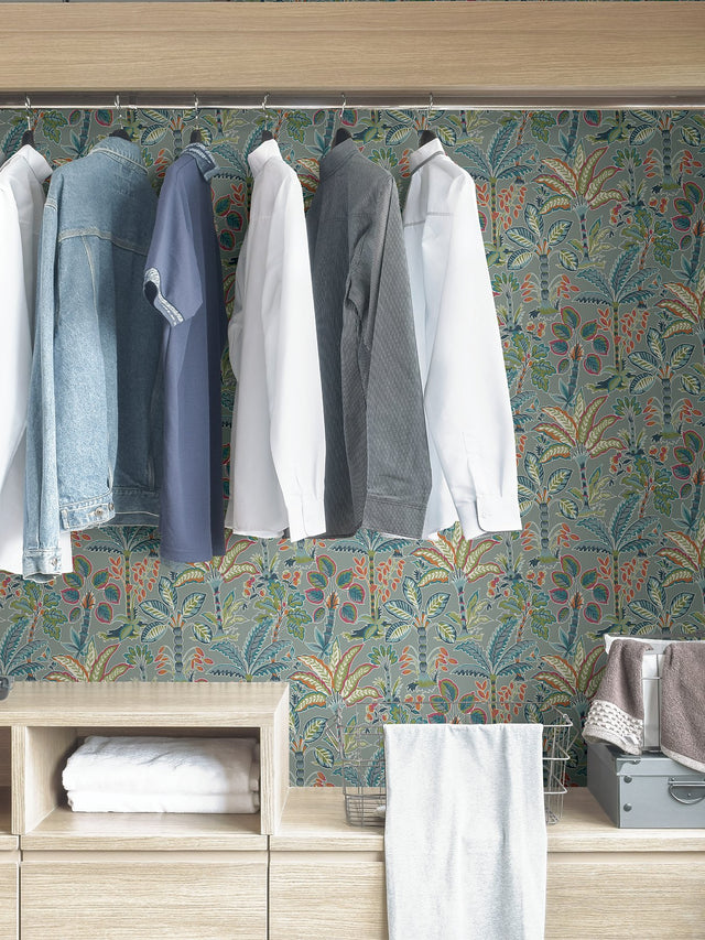 Kapok Grey Peel & Stick Wallpaper with Bohemian Botanical Trees Pattern - NuWallpaper NUS4003