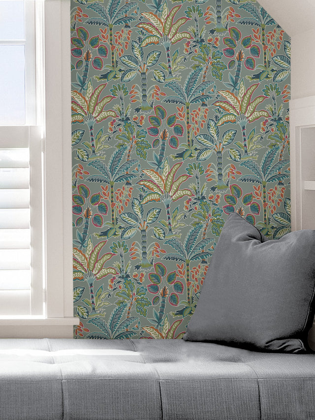 Kapok Grey Peel & Stick Wallpaper with Bohemian Botanical Trees Pattern - NuWallpaper NUS4003