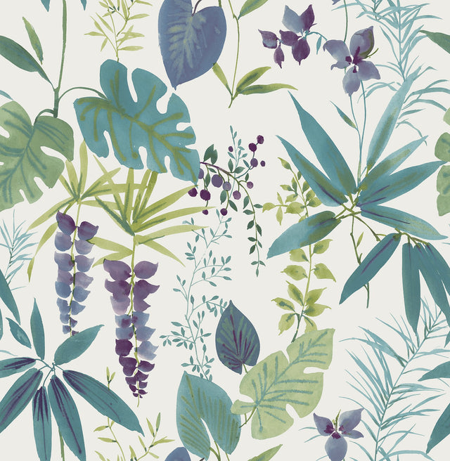 Maldives Teal Peel & Stick Wallpaper with Botanical Leaves Motif - NuWallpaper NUS4006