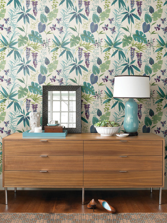 Maldives Teal Peel & Stick Wallpaper with Botanical Leaves Motif - NuWallpaper NUS4006