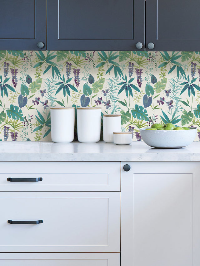 Maldives Teal Peel & Stick Wallpaper with Botanical Leaves Motif - NuWallpaper NUS4006