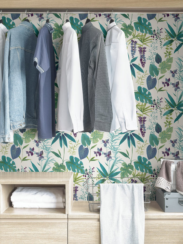 Maldives Teal Peel & Stick Wallpaper with Botanical Leaves Motif - NuWallpaper NUS4006
