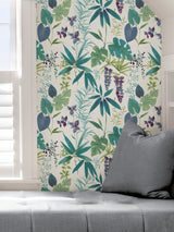 Maldives Teal Peel & Stick Wallpaper with Botanical Leaves Motif - NuWallpaper NUS4006