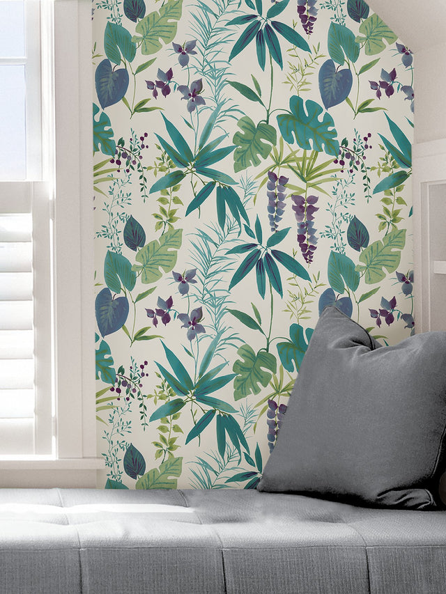 Maldives Teal Peel & Stick Wallpaper with Botanical Leaves Motif - NuWallpaper NUS4006