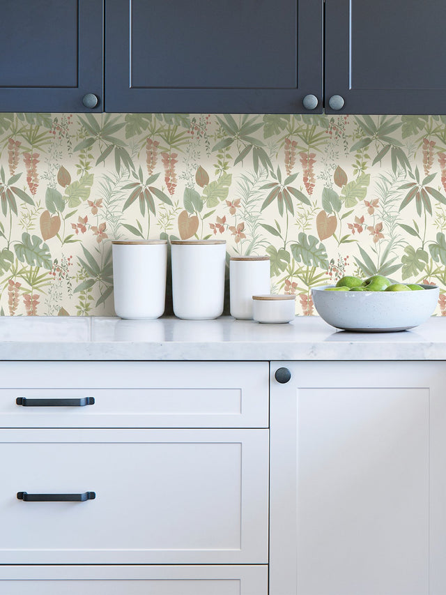 Maldives Warm Peel & Stick Wallpaper with Botanical Leaves Motif - Brewster NUS4007