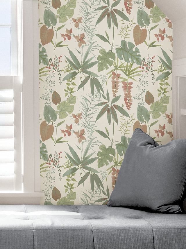 Maldives Warm Peel & Stick Wallpaper with Botanical Leaves Motif - Brewster NUS4007