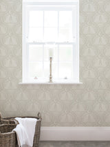 Moon Rabbit Cream Peel & Stick Wallpaper with Taupe Scandi Damask Ogee Pattern - NuWallpaper NUS4010
