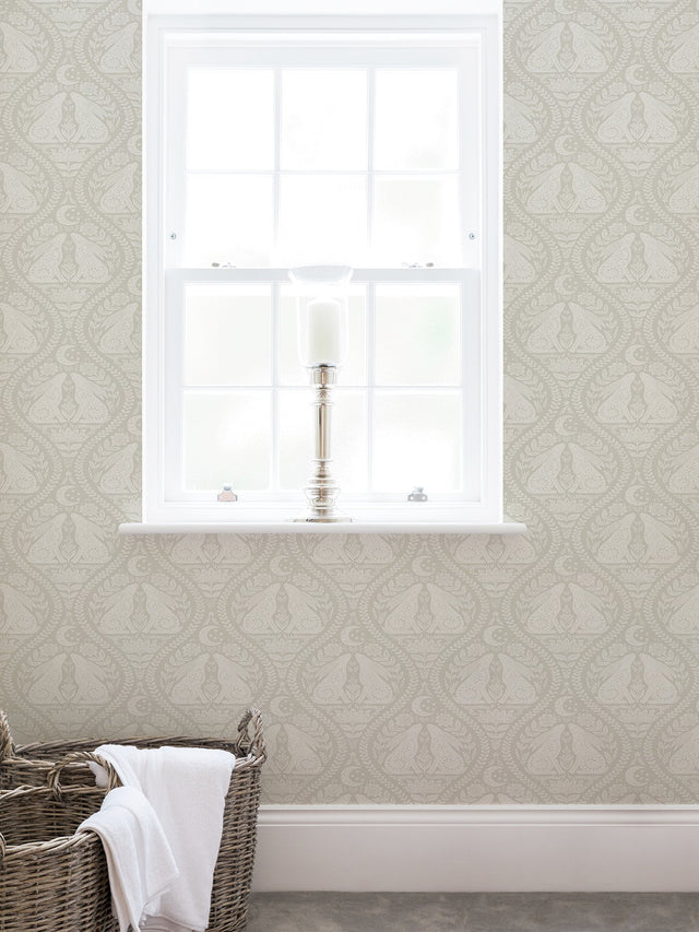 Moon Rabbit Cream Peel & Stick Wallpaper with Taupe Scandi Damask Ogee Pattern - NuWallpaper NUS4010