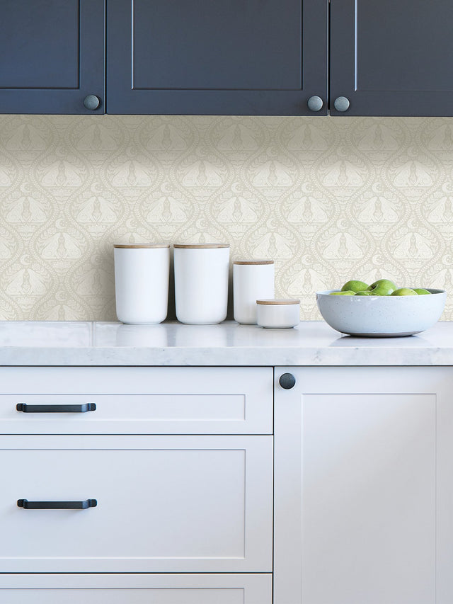 Moon Rabbit Cream Peel & Stick Wallpaper with Taupe Scandi Damask Ogee Pattern - NuWallpaper NUS4010