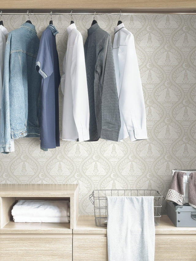 Moon Rabbit Cream Peel & Stick Wallpaper with Taupe Scandi Damask Ogee Pattern - NuWallpaper NUS4010