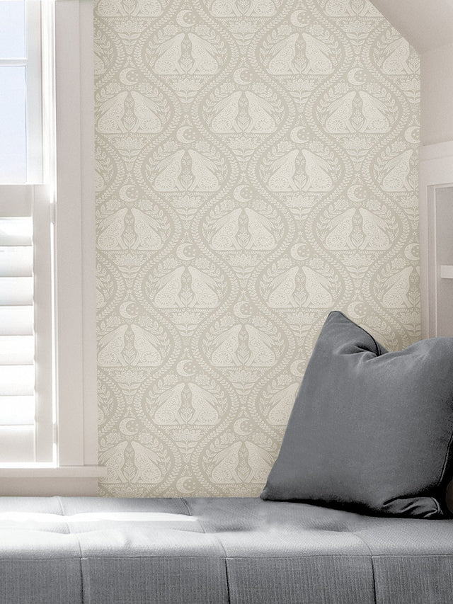 Moon Rabbit Cream Peel & Stick Wallpaper with Taupe Scandi Damask Ogee Pattern - NuWallpaper NUS4010