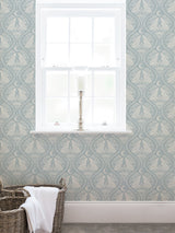 Moon Rabbit Blue Peel & Stick Wallpaper with Scandi Ogee Damask - NuWallpaper NUS4011
