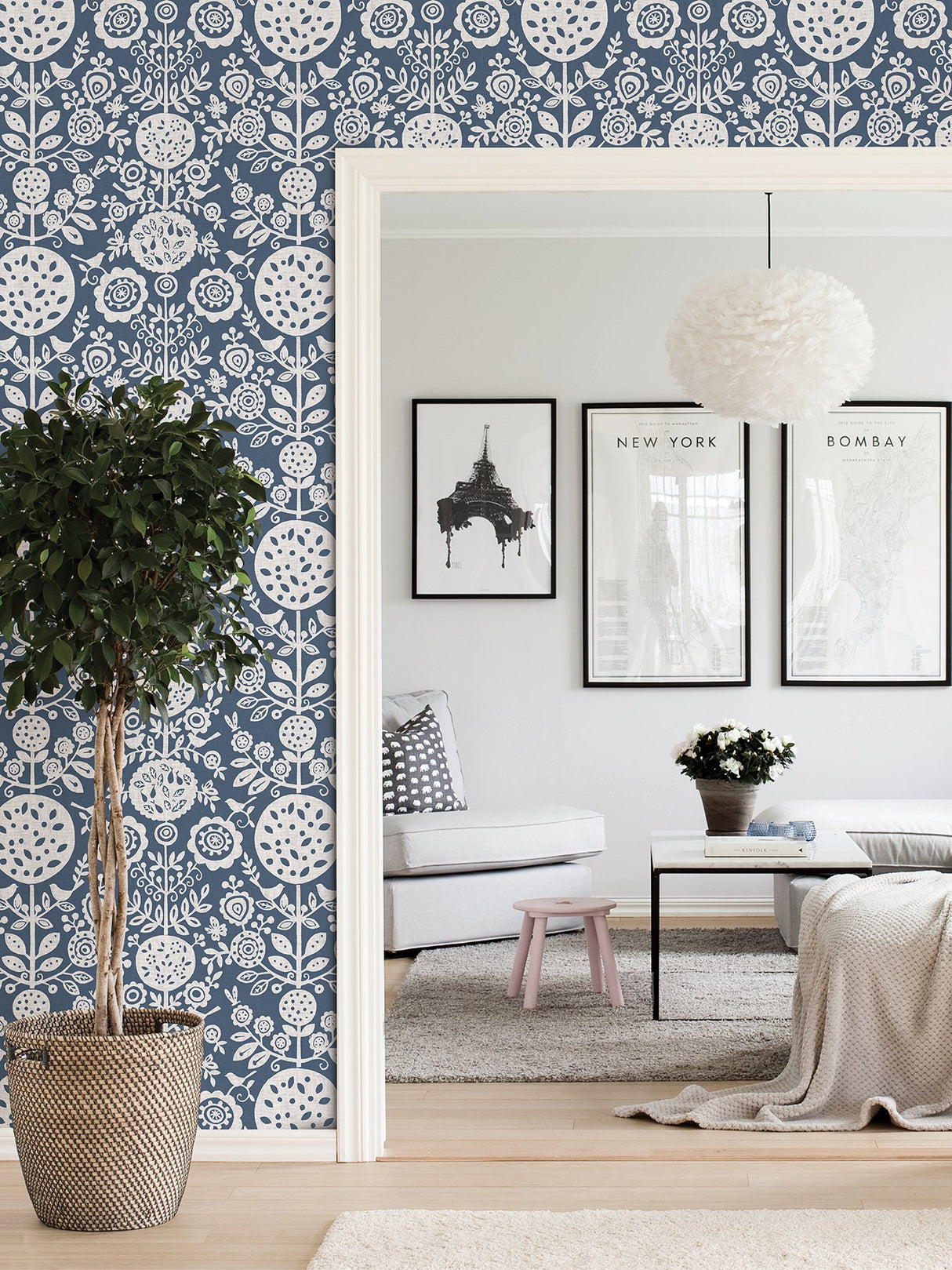 Anya Navy Peel & Stick Wallpaper with Scandinavian Botanical Floral Motif - NuWallpaper NUS4031
