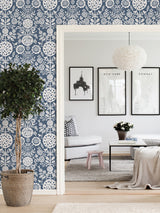 Anya Navy Peel & Stick Wallpaper with Scandinavian Botanical Floral Motif - NuWallpaper NUS4031