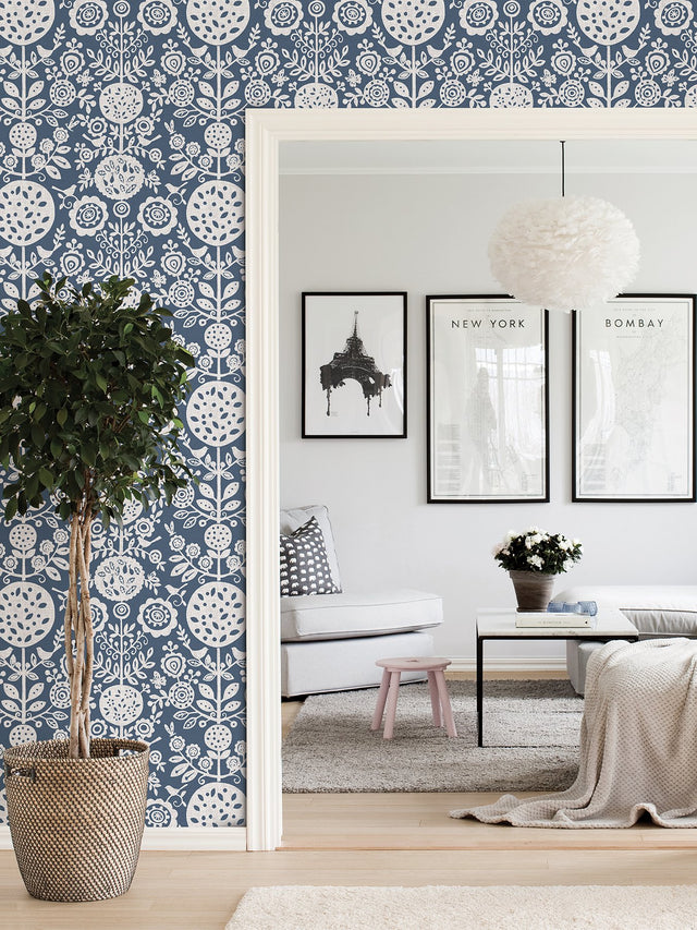 Anya Navy Peel & Stick Wallpaper with Scandinavian Botanical Floral Motif - NuWallpaper NUS4031
