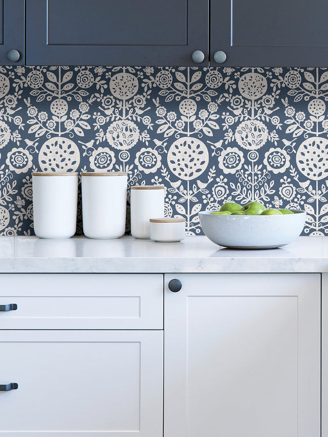 Anya Navy Peel & Stick Wallpaper with Scandinavian Botanical Floral Motif - NuWallpaper NUS4031
