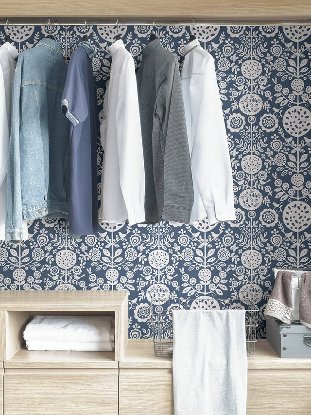 Anya Navy Peel & Stick Wallpaper with Scandinavian Botanical Floral Motif - NuWallpaper NUS4031