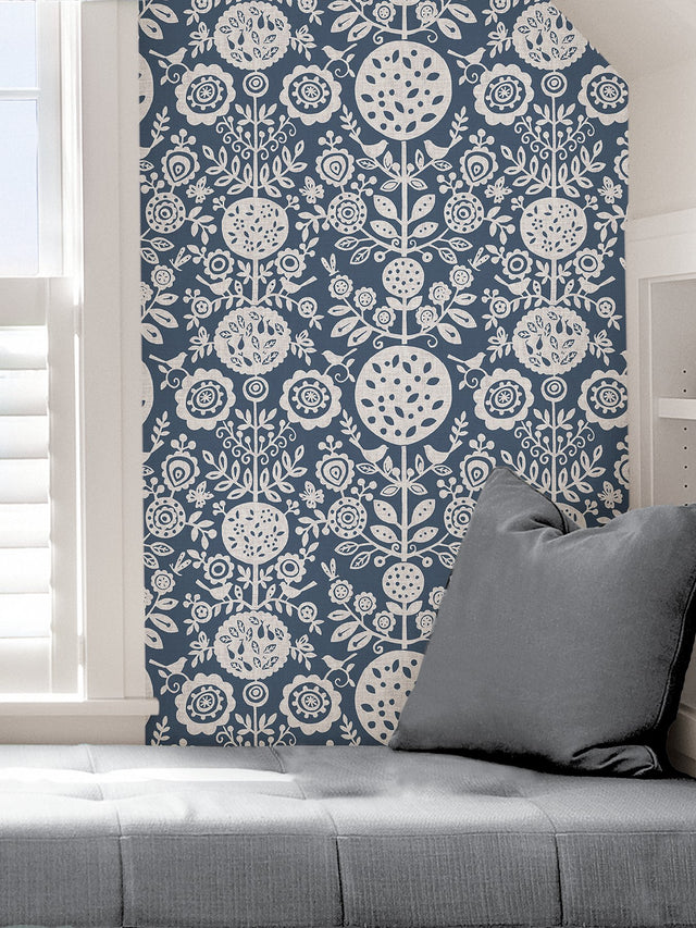 Anya Navy Peel & Stick Wallpaper with Scandinavian Botanical Floral Motif - NuWallpaper NUS4031