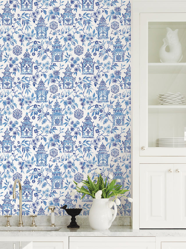 Danson Blue Peel & Stick Wallpaper with Botanical Novelty Motif - NuWallpaper NUS4035