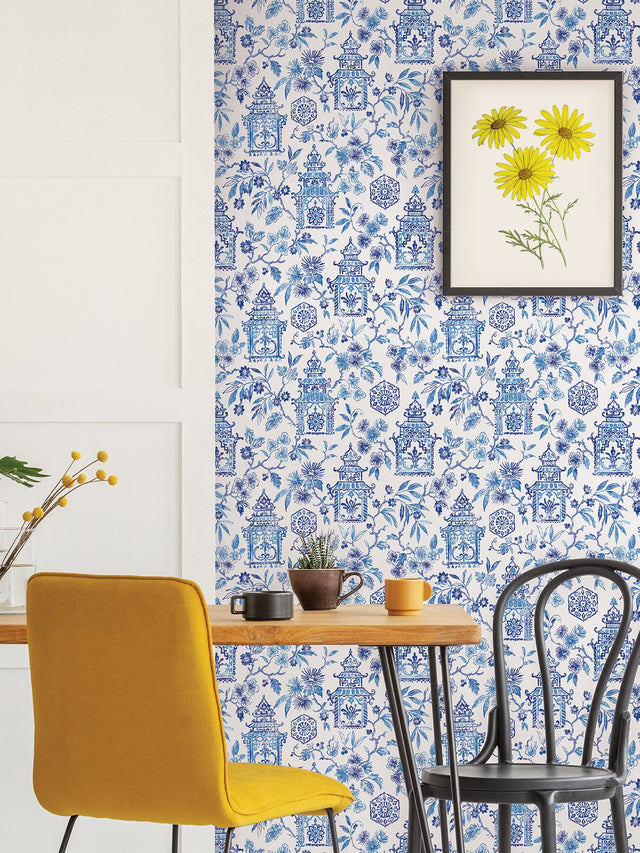 Danson Blue Peel & Stick Wallpaper with Botanical Novelty Motif - NuWallpaper NUS4035