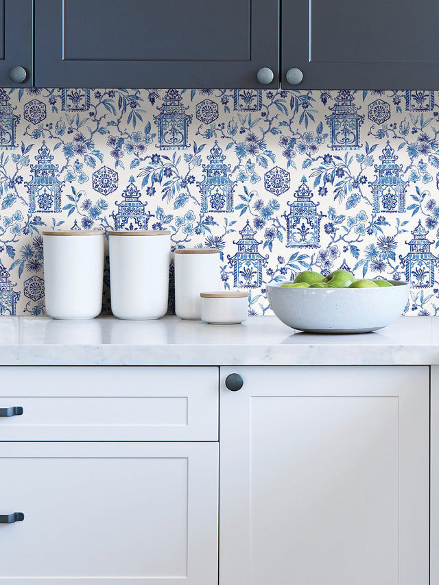 Danson Blue Peel & Stick Wallpaper with Botanical Novelty Motif - NuWallpaper NUS4035