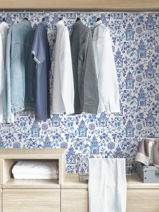 Danson Blue Peel & Stick Wallpaper with Botanical Novelty Motif - NuWallpaper NUS4035