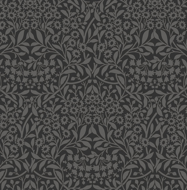 Darcy Charcoal Peel & Stick Wallpaper with Modern Damask Botanical Pattern - Brewster NUS4039