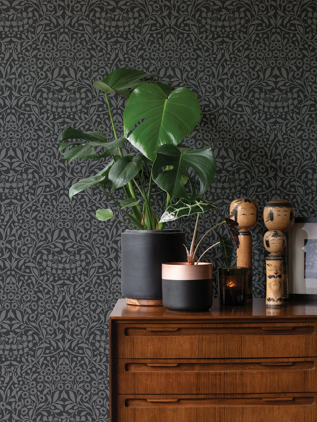 Darcy Charcoal Peel & Stick Wallpaper with Modern Damask Botanical Pattern - Brewster NUS4039