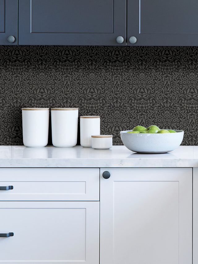 Darcy Charcoal Peel & Stick Wallpaper with Modern Damask Botanical Pattern - Brewster NUS4039