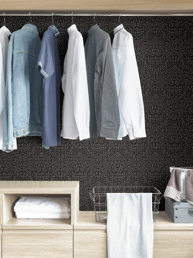 Darcy Charcoal Peel & Stick Wallpaper with Modern Damask Botanical Pattern - Brewster NUS4039