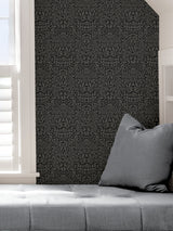 Darcy Charcoal Peel & Stick Wallpaper with Modern Damask Botanical Pattern - Brewster NUS4039