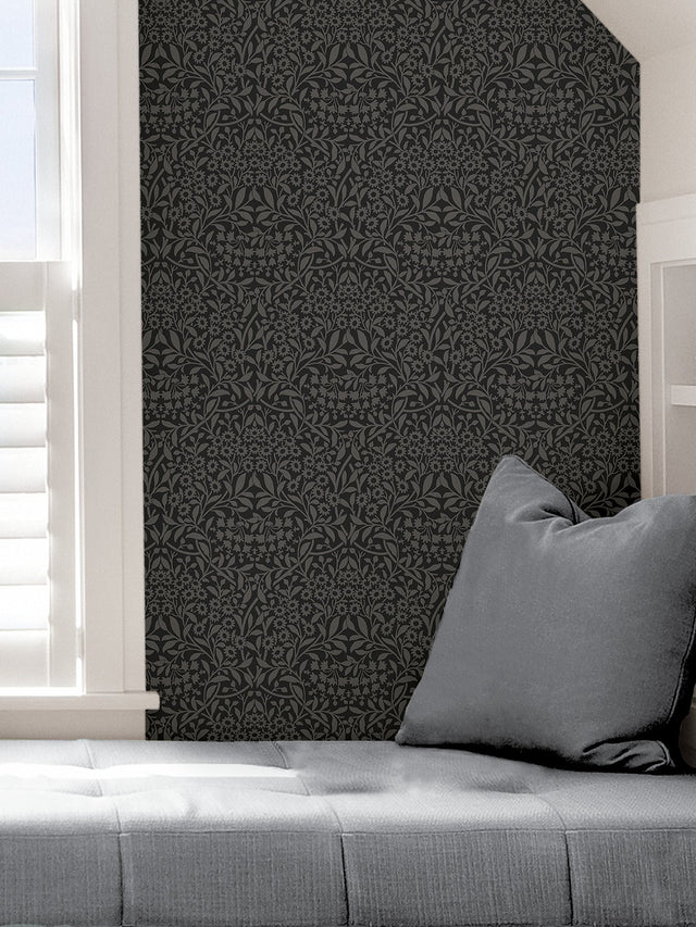 Darcy Charcoal Peel & Stick Wallpaper with Modern Damask Botanical Pattern - Brewster NUS4039
