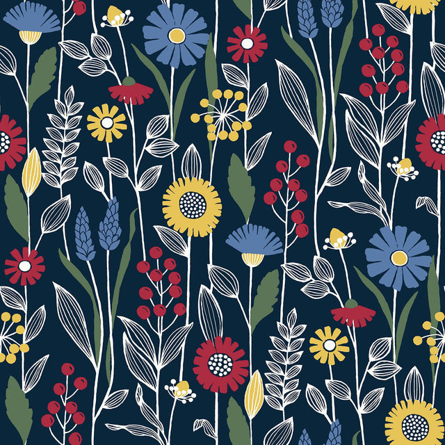 Jane Navy Peel & Stick Wallpaper with Scandinavian Botanical Floral Pattern - NuWallpaper NUS4045