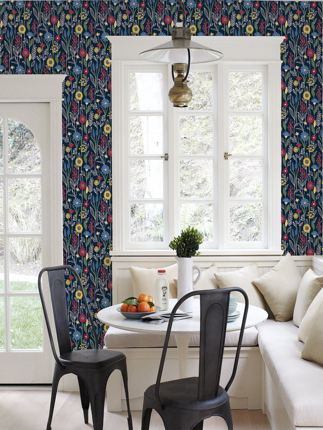 Jane Navy Peel & Stick Wallpaper with Scandinavian Botanical Floral Pattern - NuWallpaper NUS4045