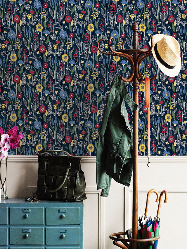 Jane Navy Peel & Stick Wallpaper with Scandinavian Botanical Floral Pattern - NuWallpaper NUS4045