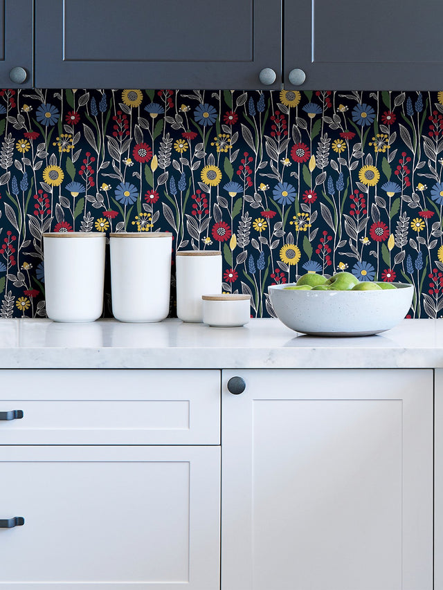 Jane Navy Peel & Stick Wallpaper with Scandinavian Botanical Floral Pattern - NuWallpaper NUS4045
