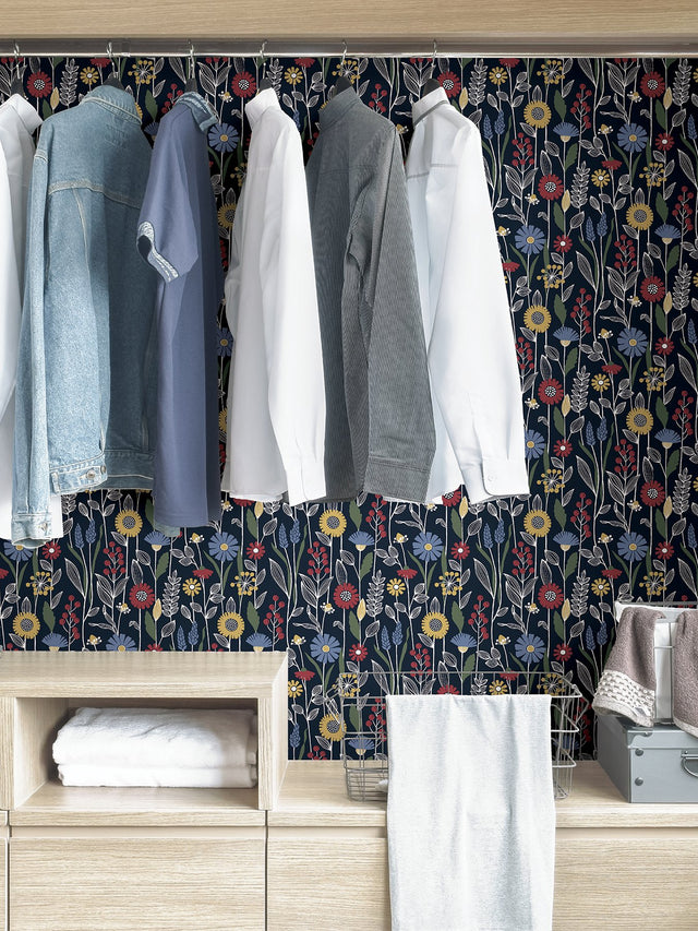 Jane Navy Peel & Stick Wallpaper with Scandinavian Botanical Floral Pattern - NuWallpaper NUS4045