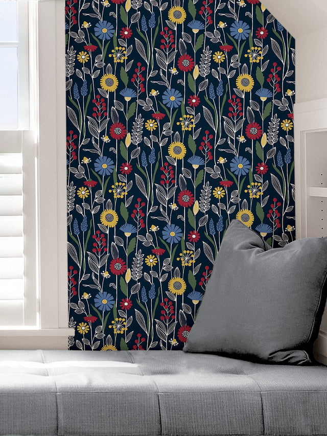 Jane Navy Peel & Stick Wallpaper with Scandinavian Botanical Floral Pattern - NuWallpaper NUS4045