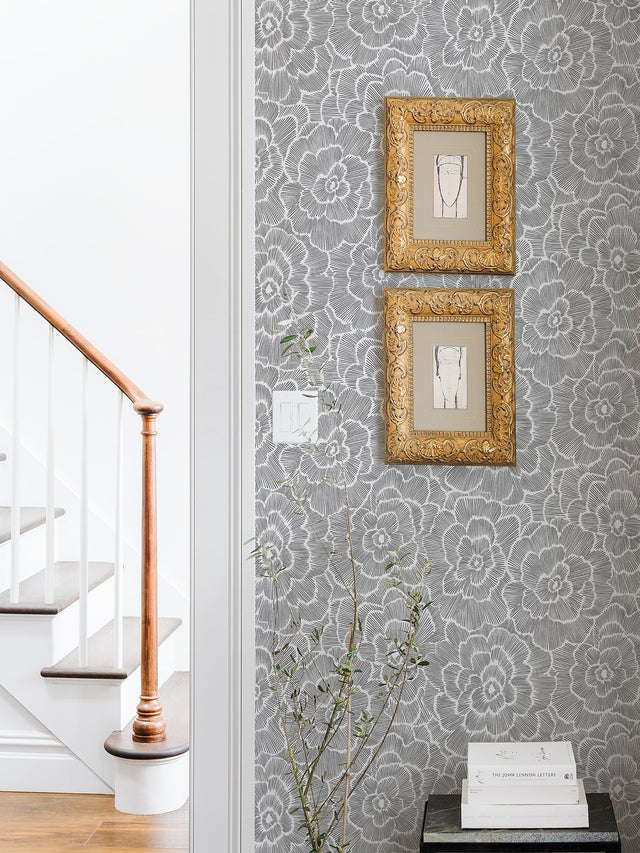 Saraya Charcoal Peel & Stick Wallpaper with Modern Floral Pattern - NuWallpaper NUS4047