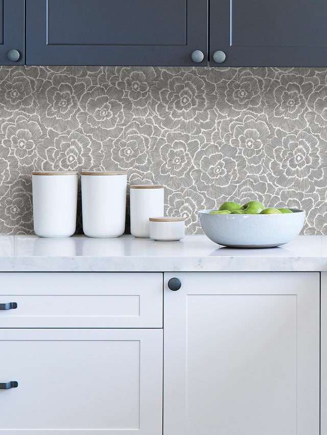 Saraya Charcoal Peel & Stick Wallpaper with Modern Floral Pattern - NuWallpaper NUS4047