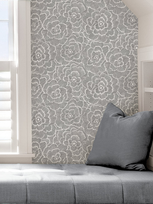 Saraya Charcoal Peel & Stick Wallpaper with Modern Floral Pattern - NuWallpaper NUS4047