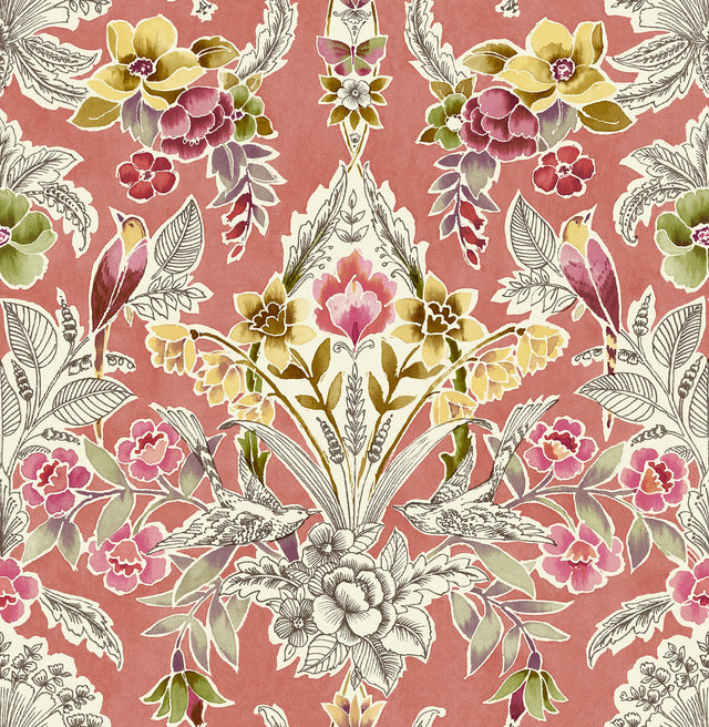 Summer Love Peach Peel & Stick Wallpaper with Vintage Damask Floral & Birds - NuWallpaper NUS4049