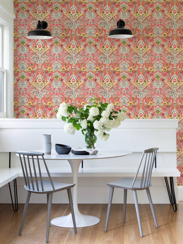 Summer Love Peach Peel & Stick Wallpaper with Vintage Damask Floral & Birds - NuWallpaper NUS4049