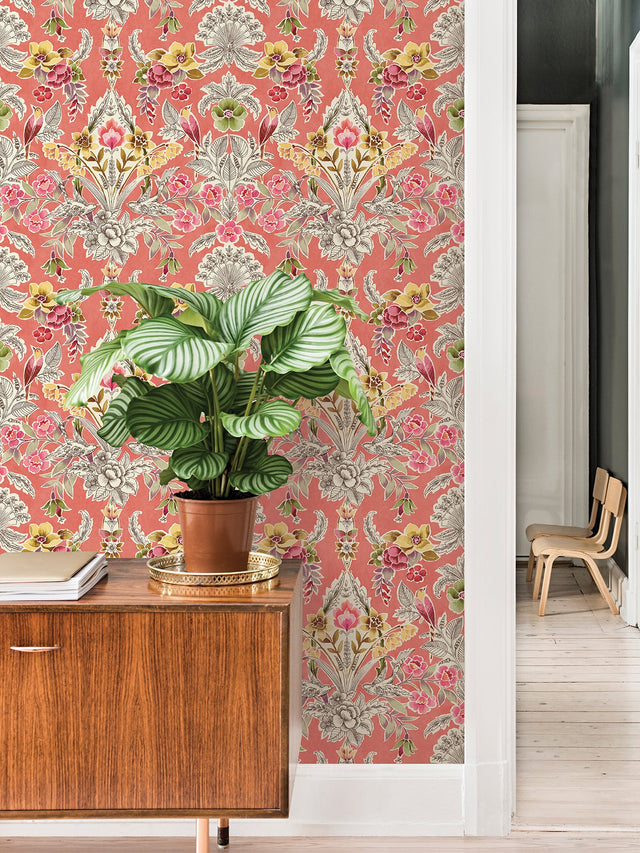 Summer Love Peach Peel & Stick Wallpaper with Vintage Damask Floral & Birds - NuWallpaper NUS4049
