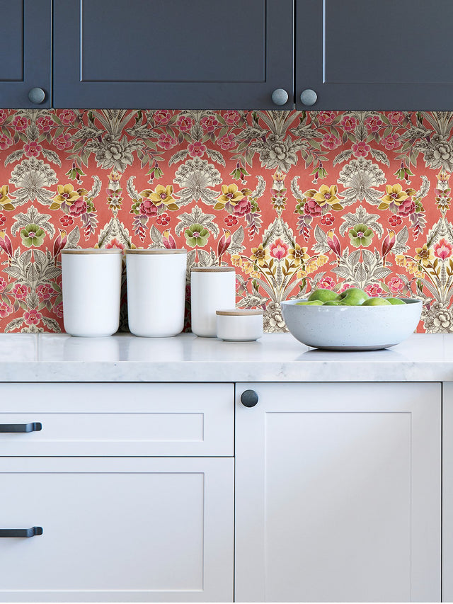 Summer Love Peach Peel & Stick Wallpaper with Vintage Damask Floral & Birds - NuWallpaper NUS4049