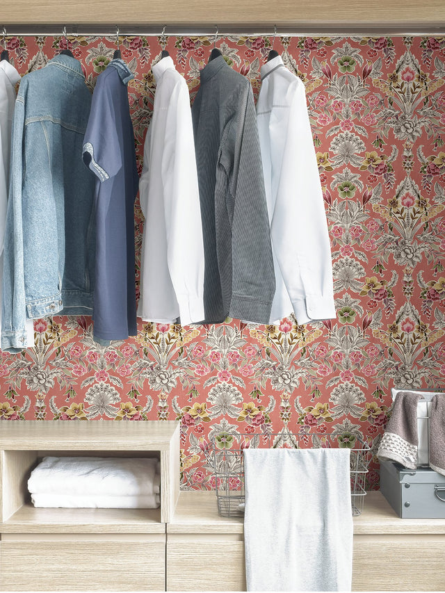 Summer Love Peach Peel & Stick Wallpaper with Vintage Damask Floral & Birds - NuWallpaper NUS4049