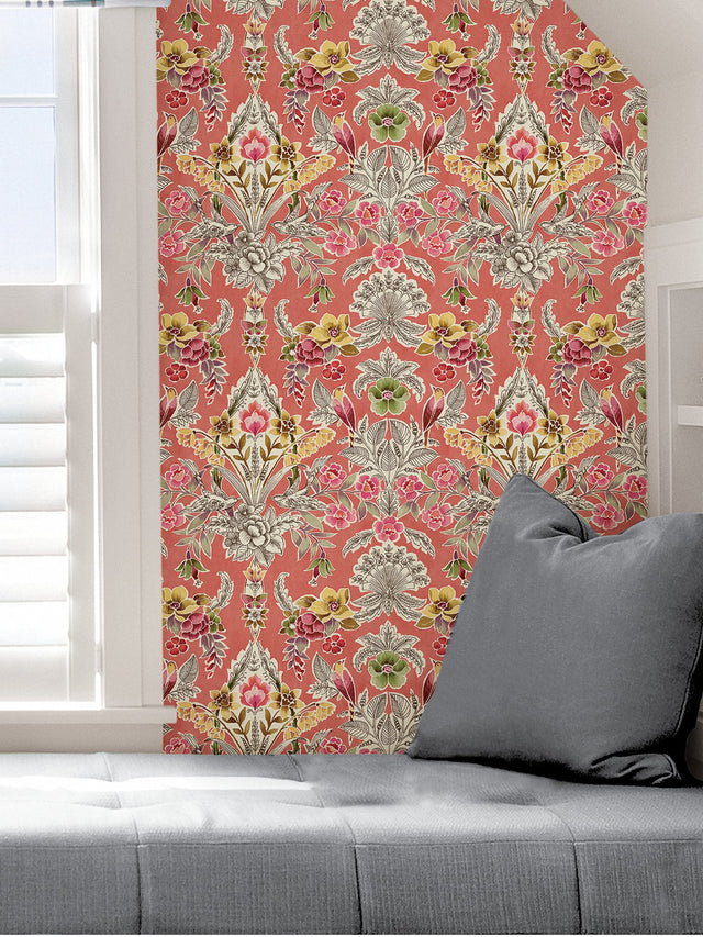 Summer Love Peach Peel & Stick Wallpaper with Vintage Damask Floral & Birds - NuWallpaper NUS4049