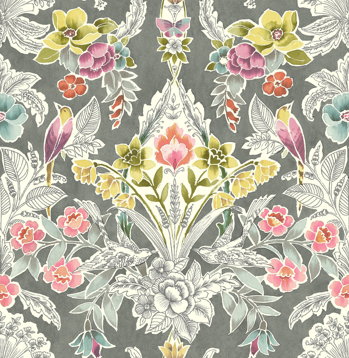Summer Love Grey Peel & Stick Wallpaper with Botanical Damask and Birds - NuWallpaper NUS4050